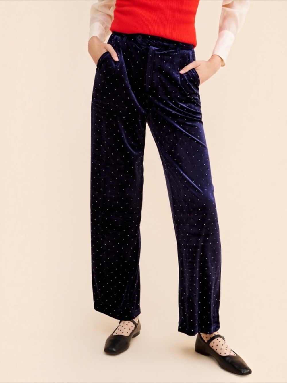 Never Fully Dressed Navy Velvet Hot Fix Arden Wide Leg Trousers Size 10
